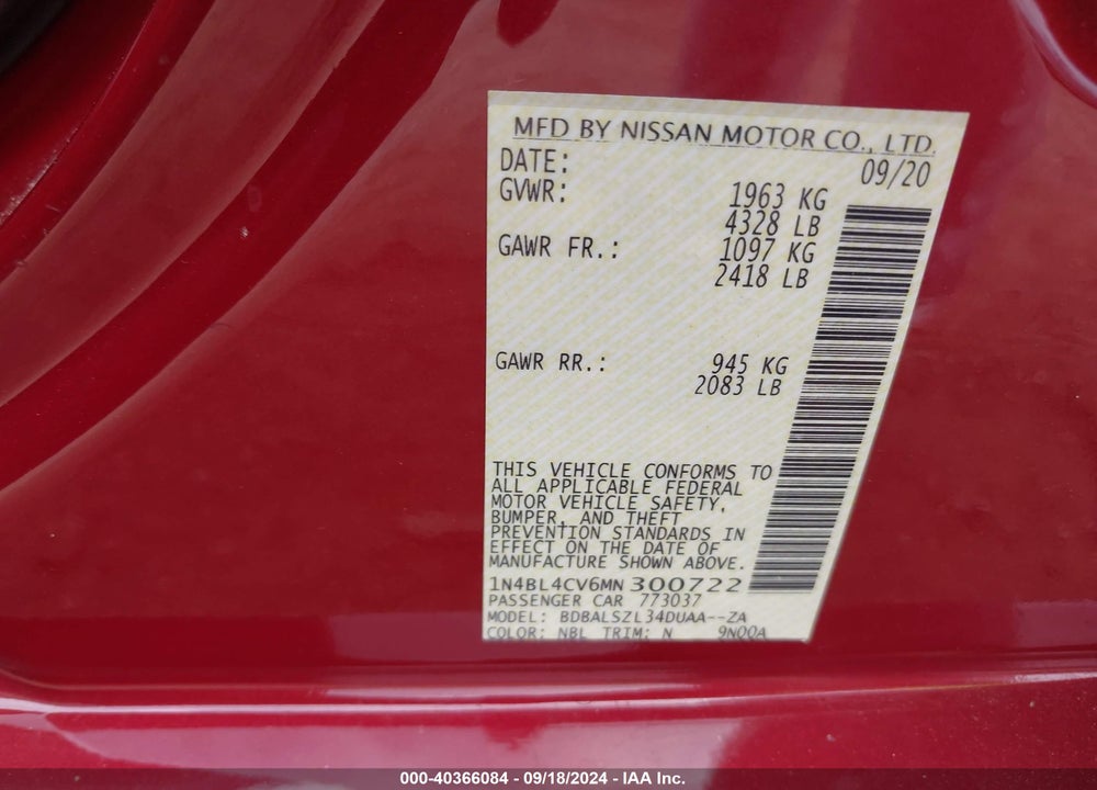 2021 NISSAN ALTIMA SR FWD VIN: 1N4BL4CV6MN300722