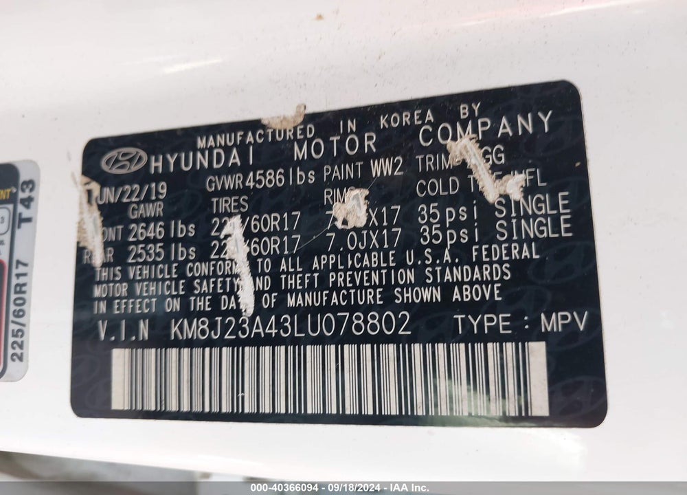 2020 HYUNDAI TUCSON SE VIN: KM8J23A43LU078802