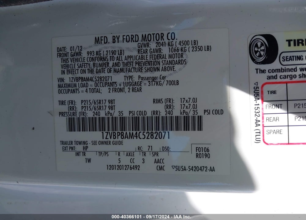 2012 FORD MUSTANG V6 VIN: 1ZVBP8AM4C5282071