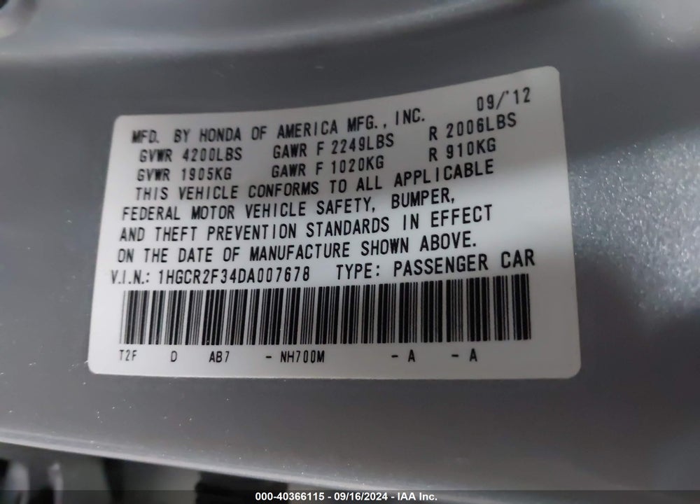 2013 HONDA ACCORD LX VIN: 1HGCR2F34DA007678
