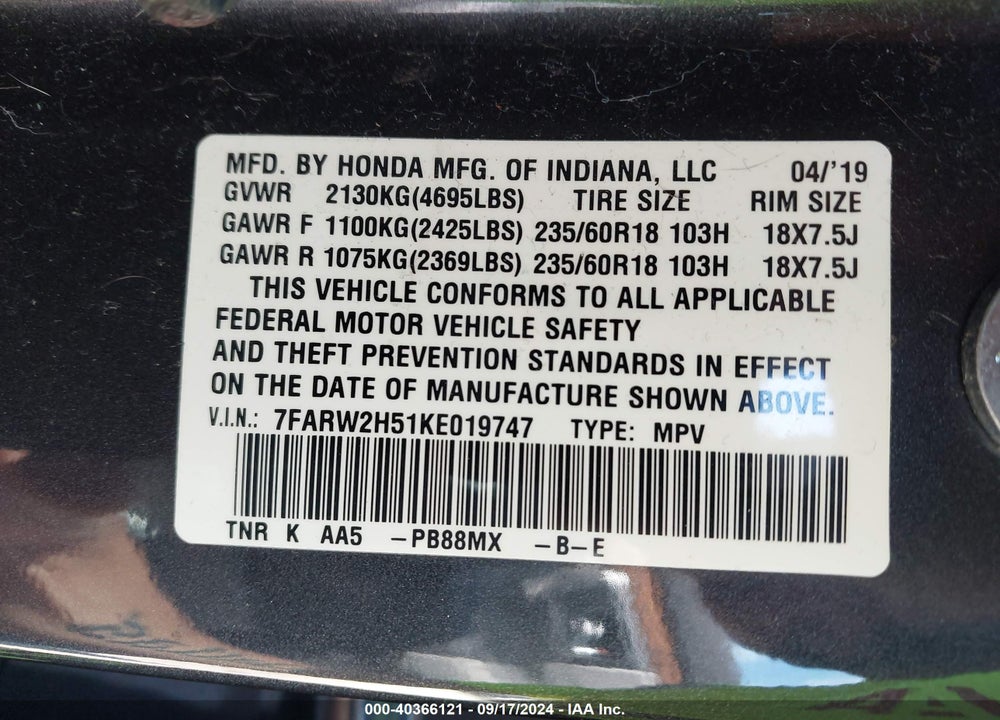 2019 HONDA CR-V EX VIN: 7FARW2H51KE019747