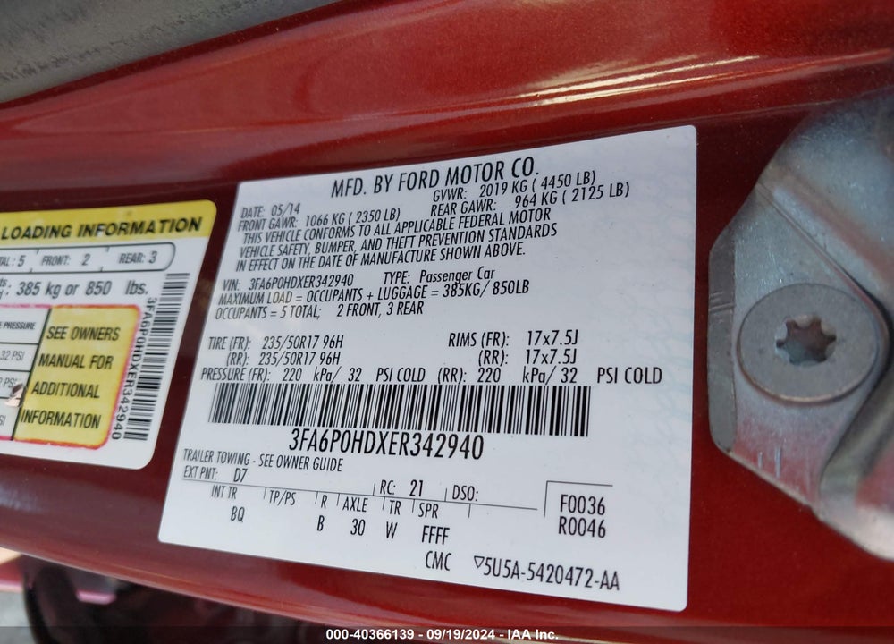 2014 FORD FUSION SE VIN: 3FA6P0HDXER342940