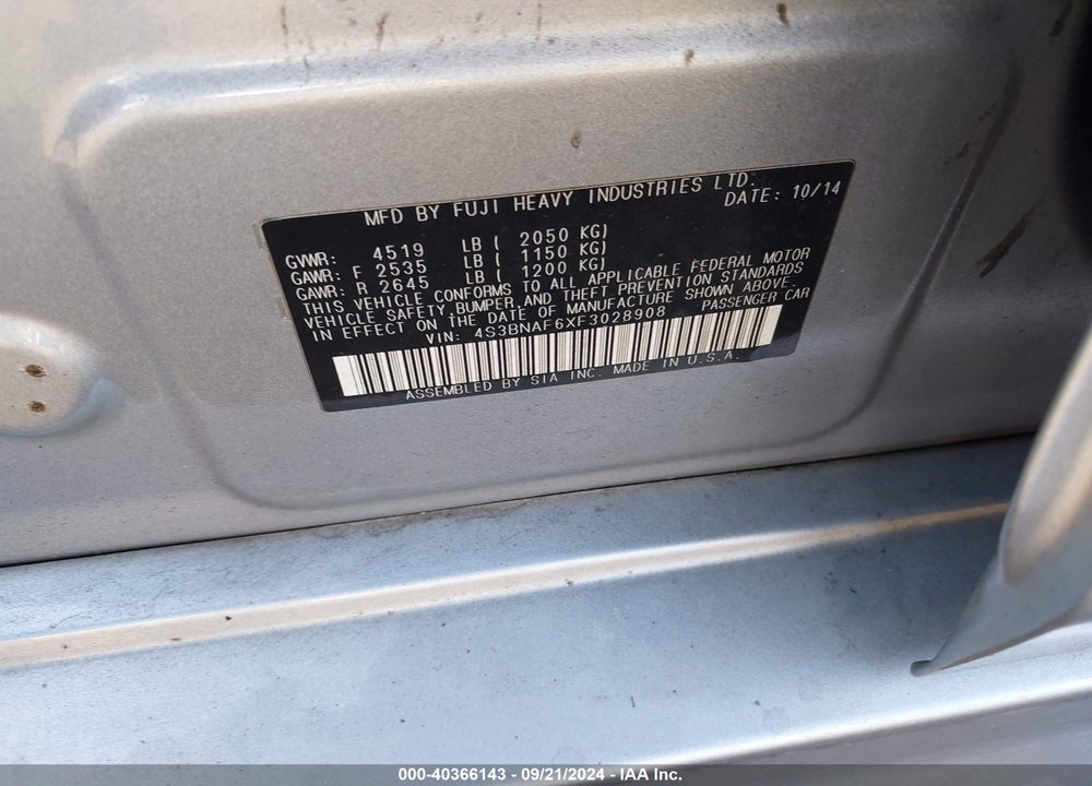 2015 SUBARU LEGACY 2.5I PREMIUM VIN: 4S3BNAF6XF3028908