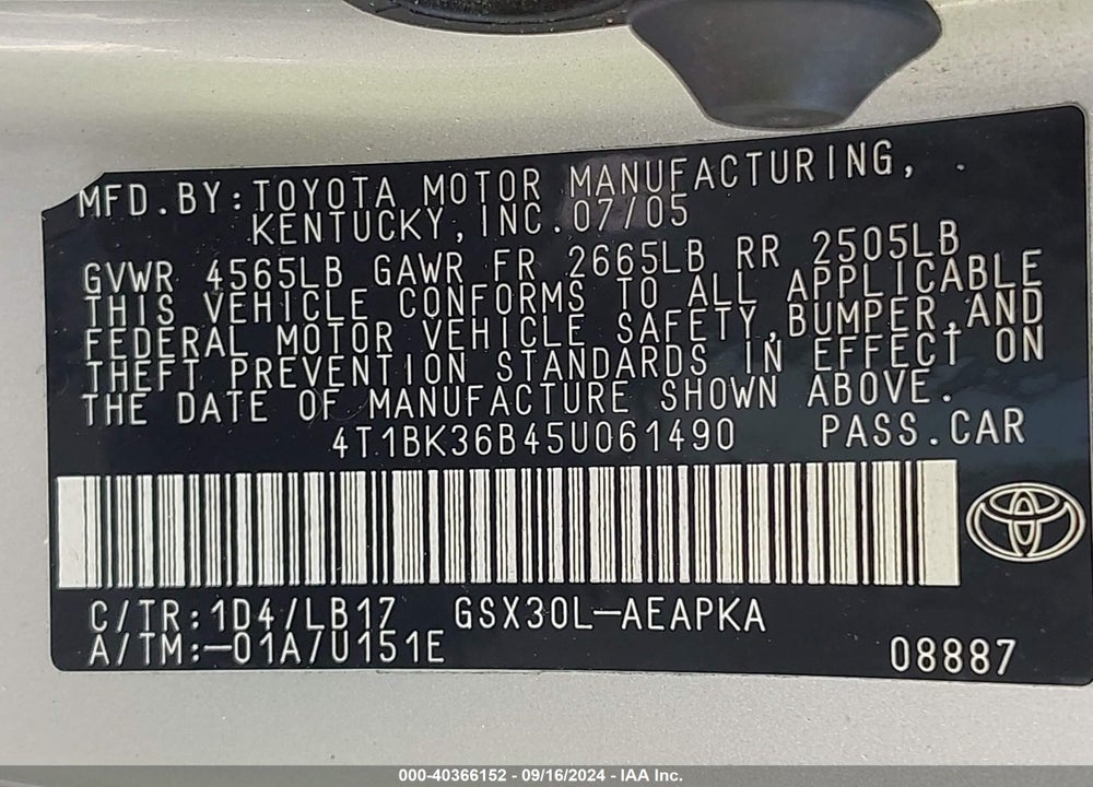 2005 TOYOTA AVALON LIMITED VIN: 4T1BK36B45U061490
