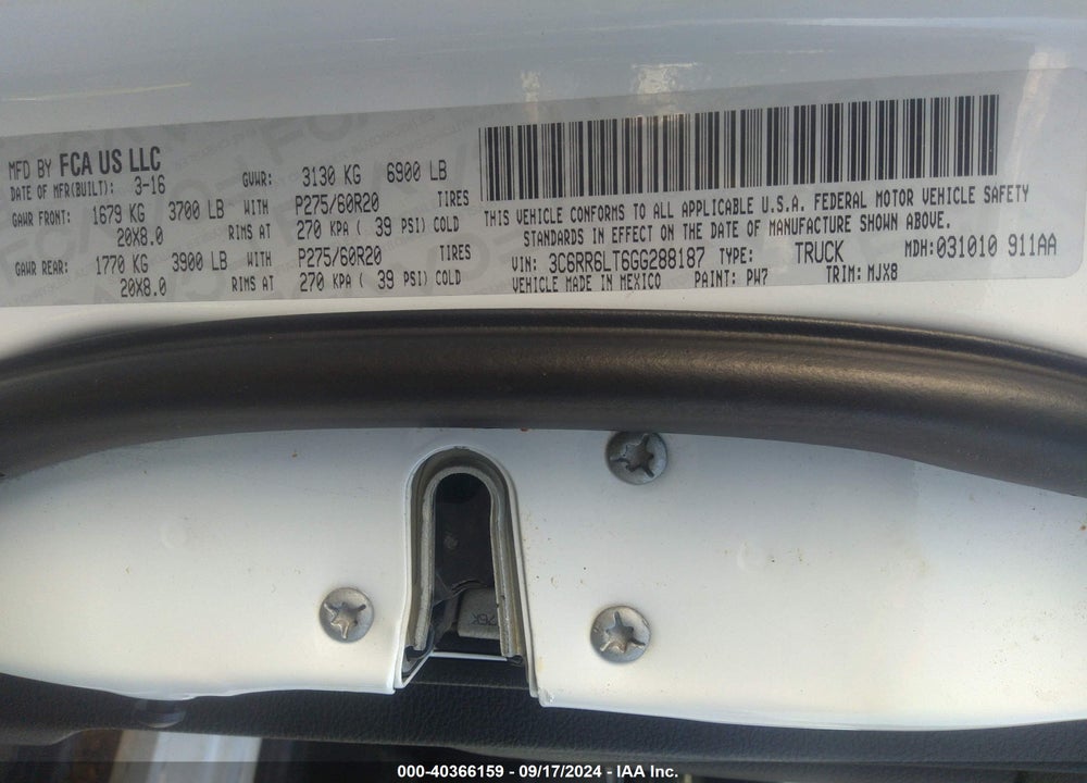 2016 RAM 1500 BIG HORN VIN: 3C6RR6LT6GG288187