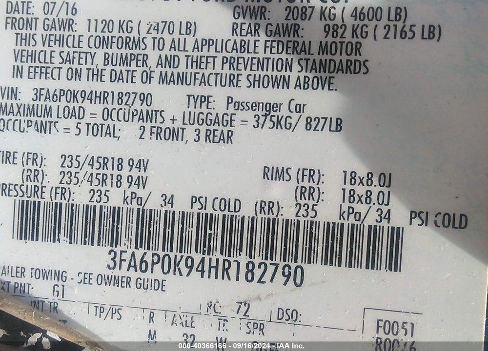 2017 FORD FUSION TITANIUM VIN: 3FA6P0K94HR182790