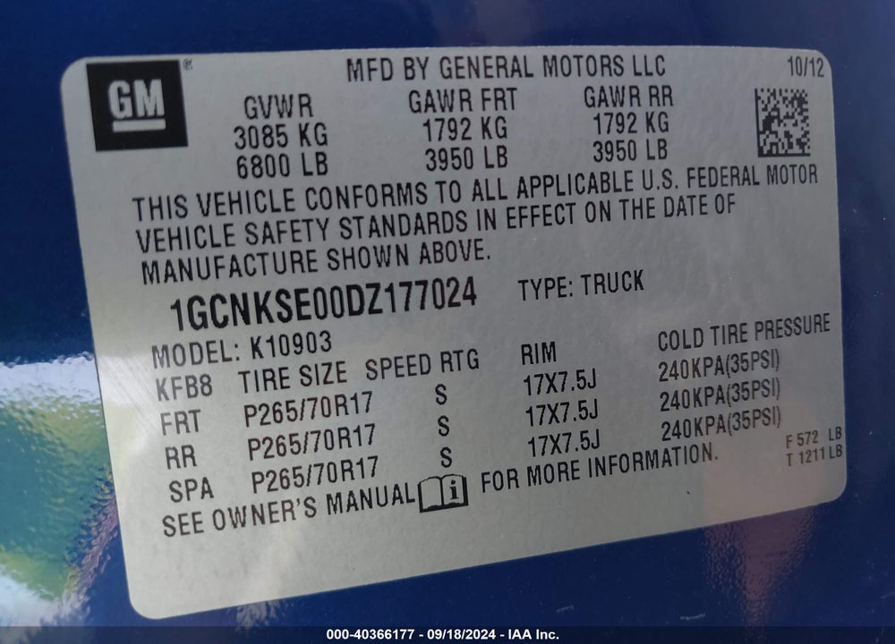 2013 CHEVROLET SILVERADO 1500 LT VIN: 1GCNKSE00DZ177024