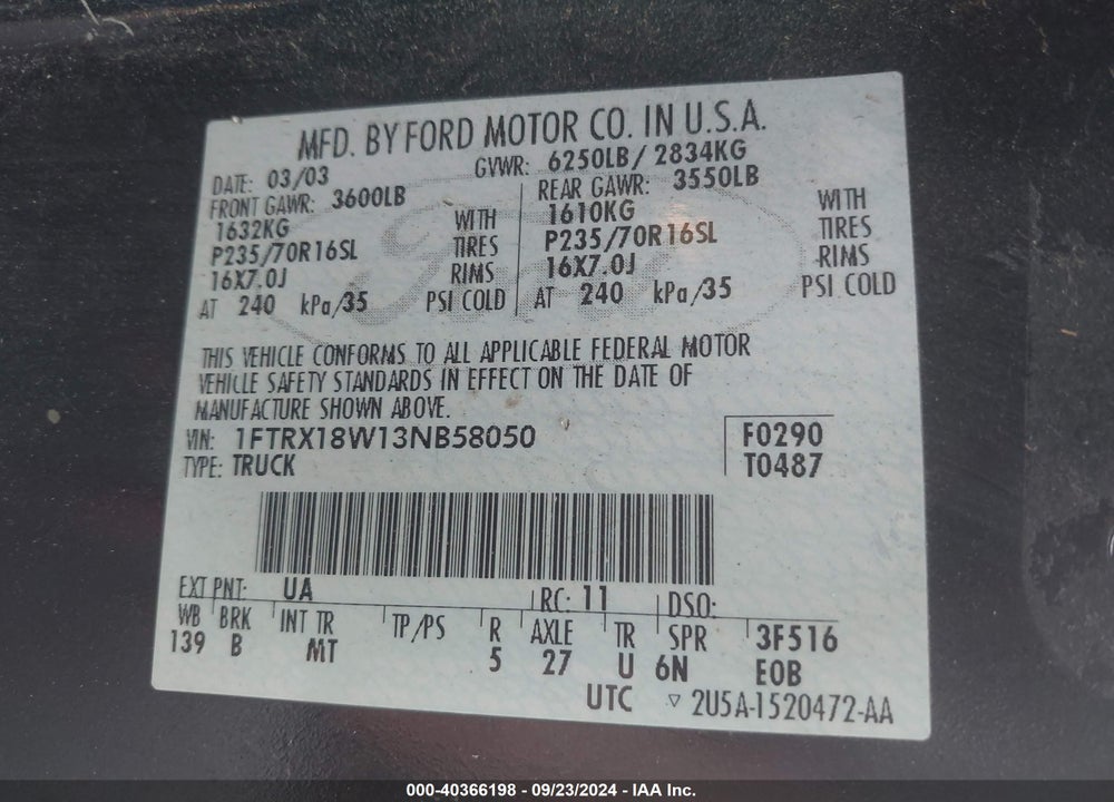 2003 FORD F-150 LARIAT/XL/XLT VIN: 1FTRX18W13NB58050