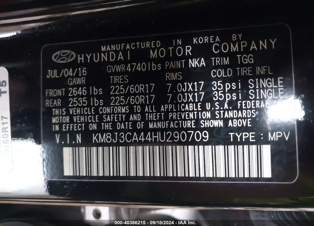 2017 HYUNDAI TUCSON SE VIN: KM8J3CA44HU290709