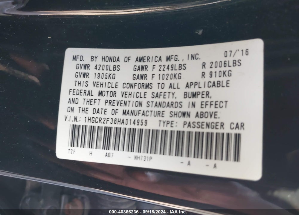 2017 HONDA ACCORD LX VIN: 1HGCR2F36HA014959