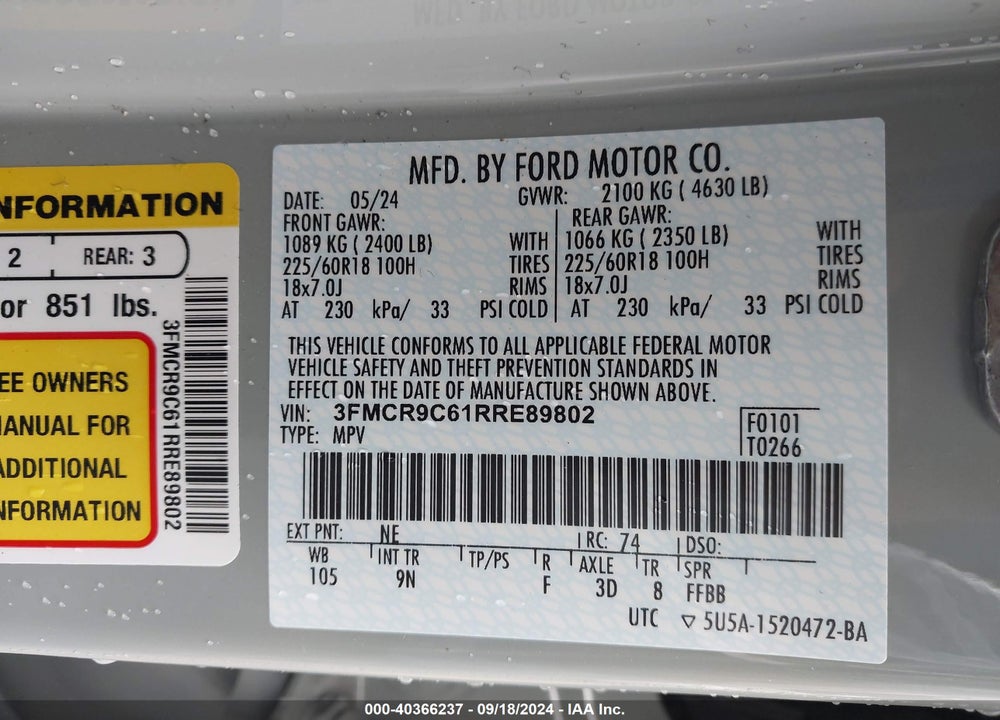 2024 FORD BRONCO SPORT OUTER BANKS VIN: 3FMCR9C61RRE89802