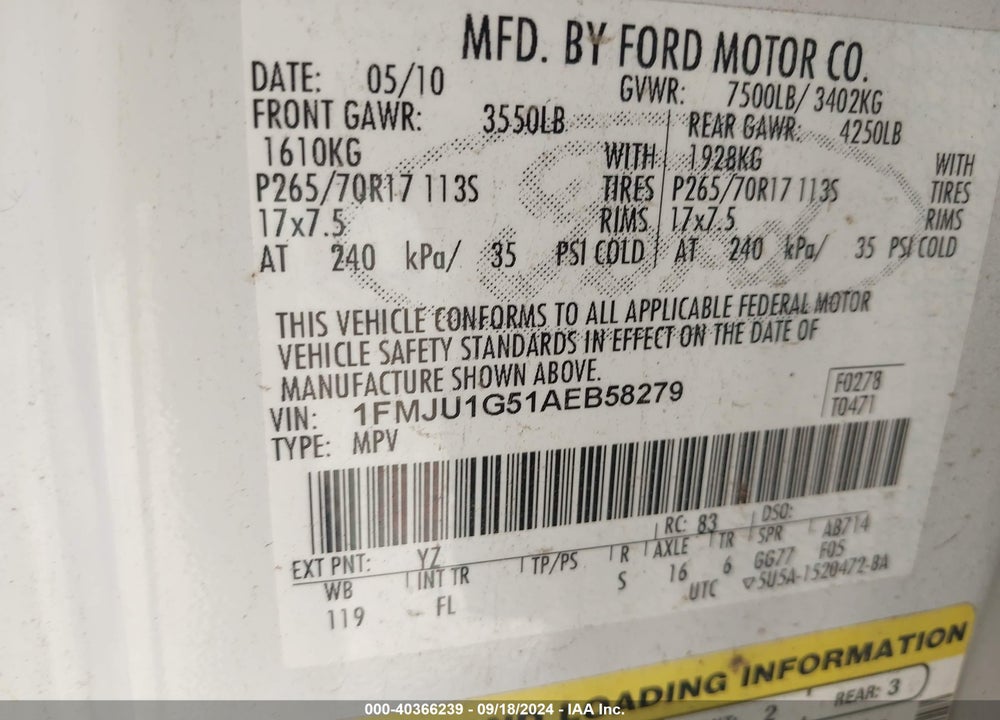 2010 FORD EXPEDITION XLT VIN: 1FMJU1G51AEB58279
