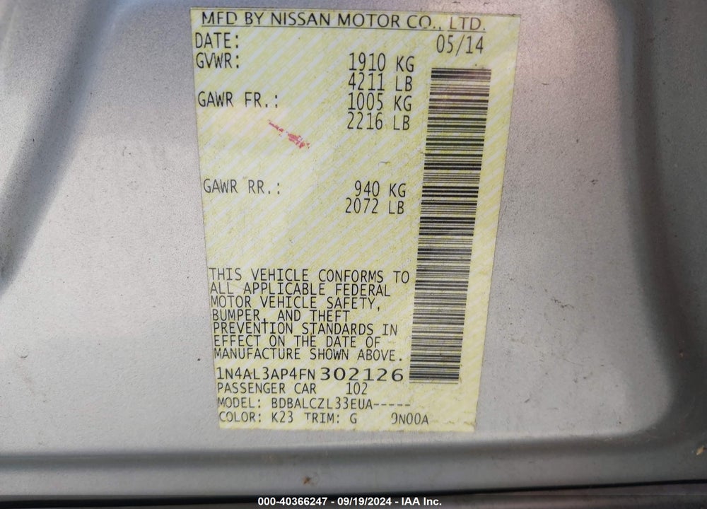 2015 NISSAN ALTIMA 2.5/2.5 S/2.5 SL/2.5 SV VIN: 1N4AL3AP4FN302126