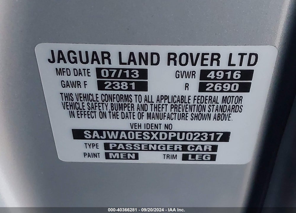 2013 JAGUAR XF I4 T VIN: SAJWA0ESXDPU02317