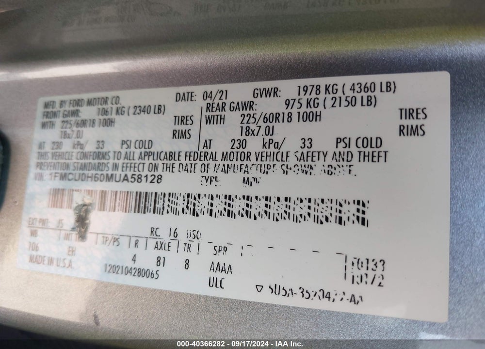 2021 FORD ESCAPE SEL VIN: 1FMCU0H60MUA58128