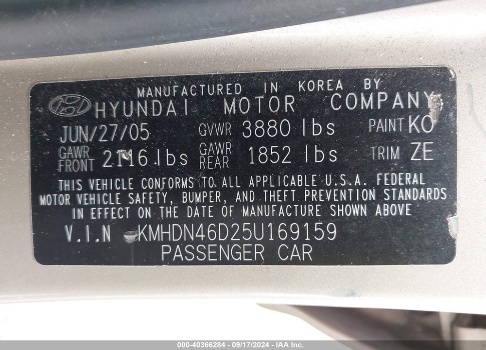 2005 HYUNDAI ELANTRA GLS/GT VIN: KMHDN46D25U169159