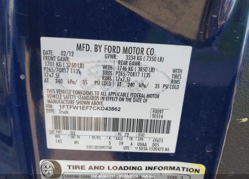 2012 FORD F-150 XLT VIN: 1FTFW1EF7CKD43862