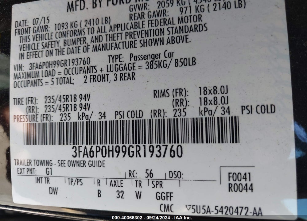 2016 FORD FUSION SE VIN: 3FA6P0H99GR193760