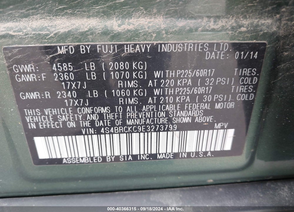 2014 SUBARU OUTBACK 2.5I LIMITED VIN: 4S4BRCKC9E3273799