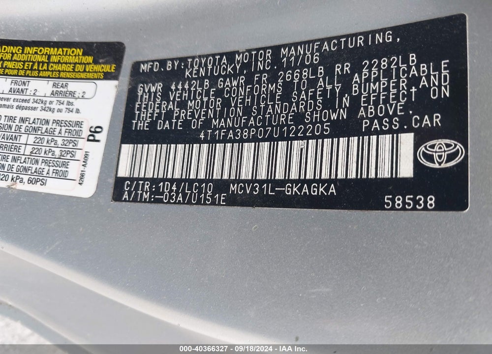 2007 TOYOTA CAMRY SOLARA SLE VIN: 4T1FA38P07U122205