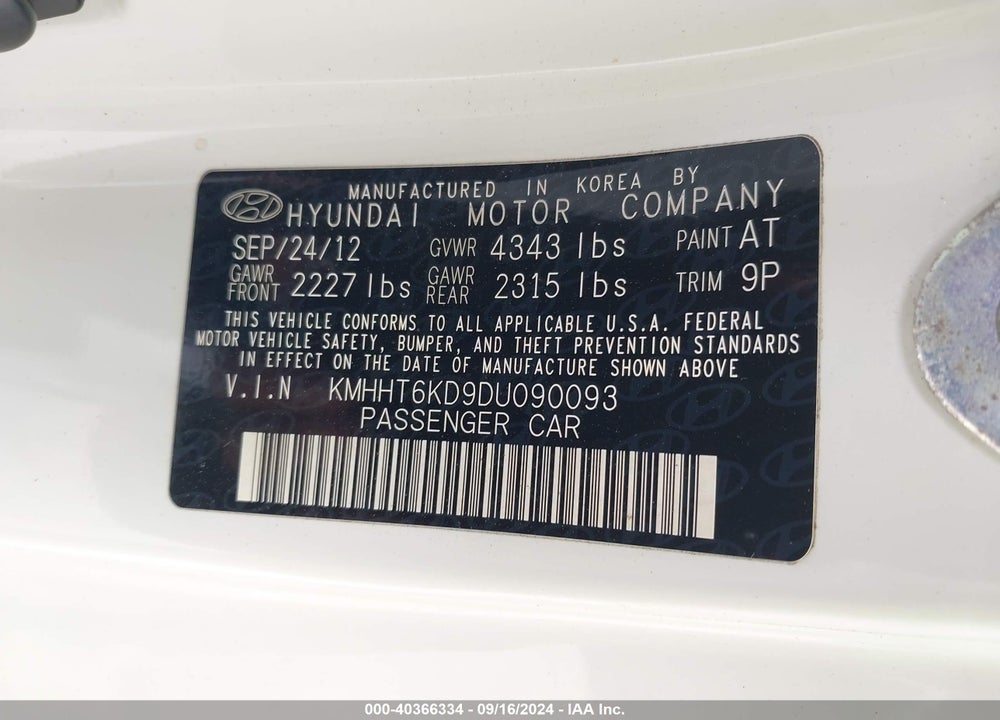 2013 HYUNDAI GENESIS 2.0T PREMIUM VIN: KMHHT6KD9DU090093