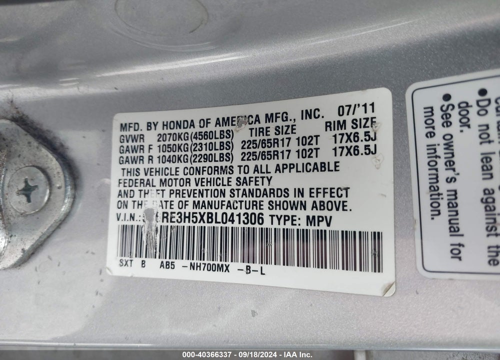2011 HONDA CR-V EX VIN: 5J6RE3H5XBL041306