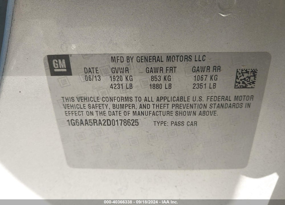 2013 CADILLAC ATS STANDARD VIN: 1G6AA5RA2D0178625