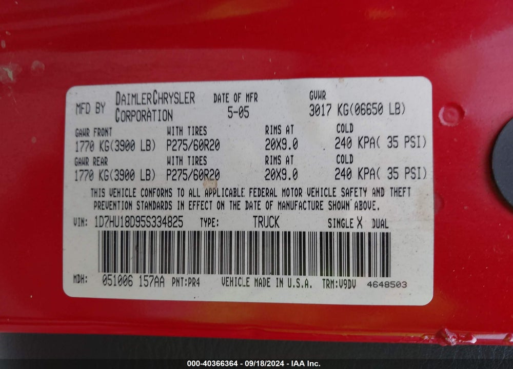 2005 DODGE RAM 1500 SLT/LARAMIE VIN: 1D7HU18D95S334825
