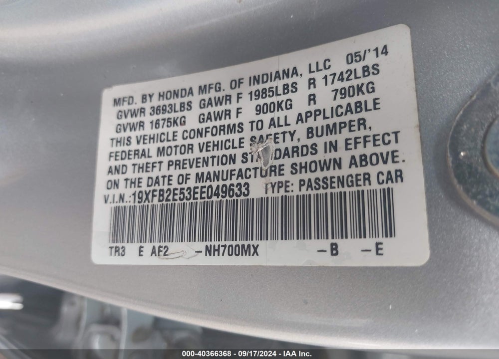 2014 HONDA CIVIC LX VIN: 19XFB2E53EE049633