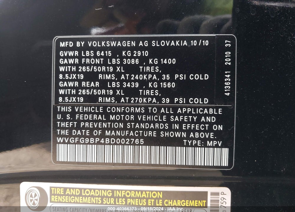 2011 VOLKSWAGEN TOUAREG HYBRID VIN: WVGFG9BP4BD002765