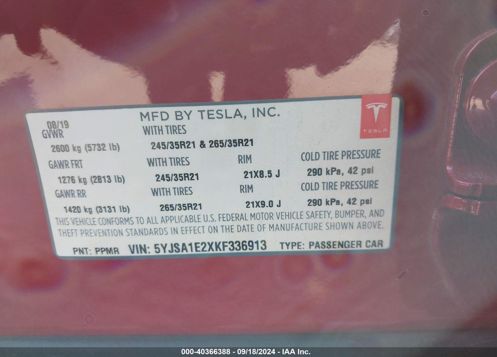 2019 TESLA MODEL S 100D/75D/LONG RANGE/STANDARD RANGE VIN: 5YJSA1E2XKF336913