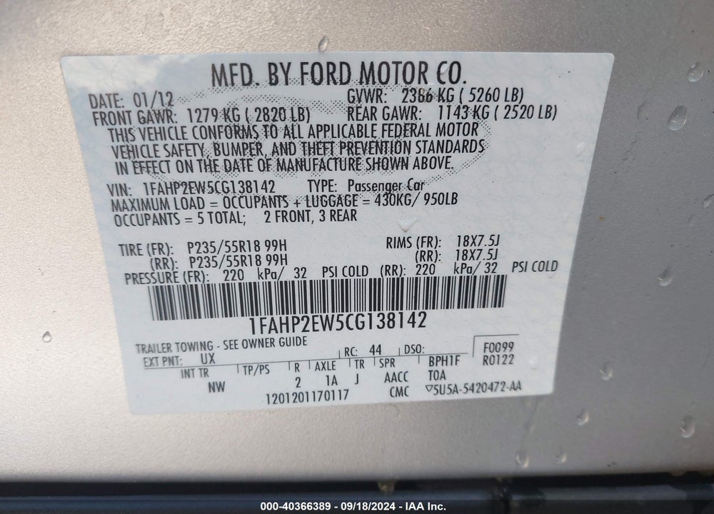 2012 FORD TAURUS SEL VIN: 1FAHP2EW5CG138142