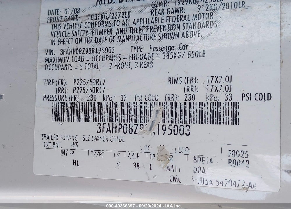 2008 FORD FUSION SEL VIN: 3FAHP08Z98R195003
