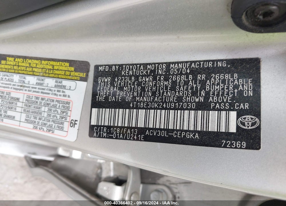 2004 TOYOTA CAMRY VIN: 4T1BE30K24U917030