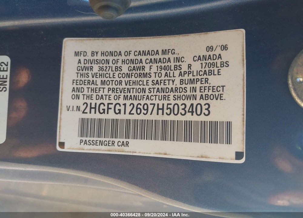 2007 HONDA CIVIC LX VIN: 2HGFG12697H503403