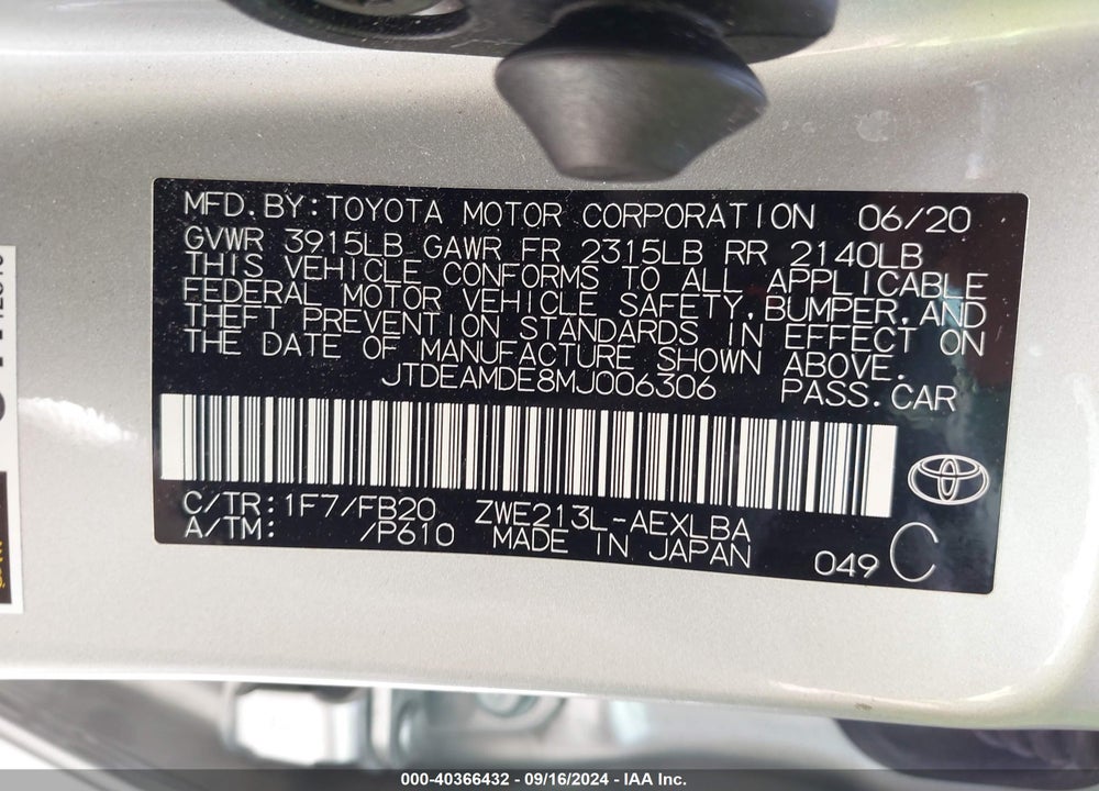 2021 TOYOTA COROLLA HYBRID LE VIN: JTDEAMDE8MJ006306