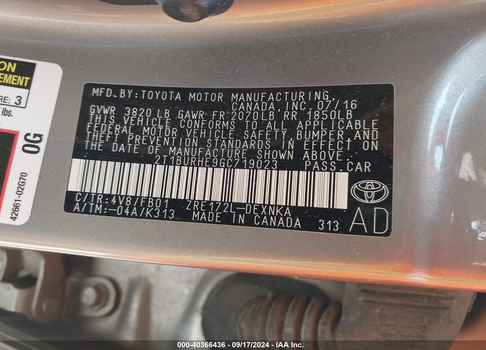 2016 TOYOTA COROLLA LE VIN: 2T1BURHE9GC719023