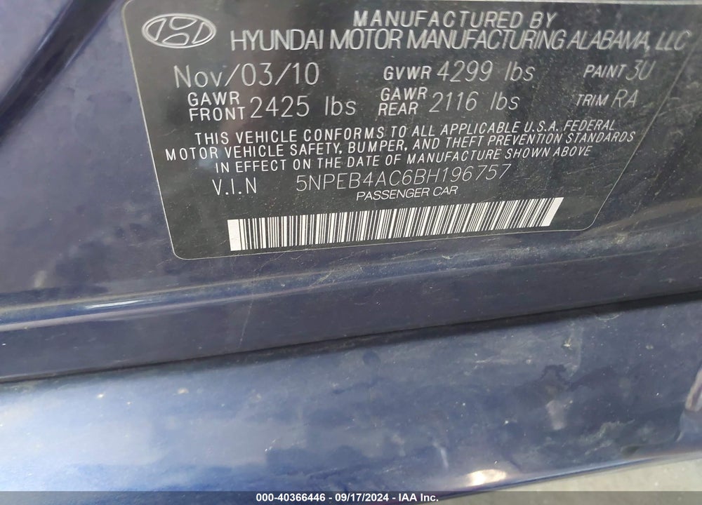 2011 HYUNDAI SONATA GLS VIN: 5NPEB4AC6BH196757