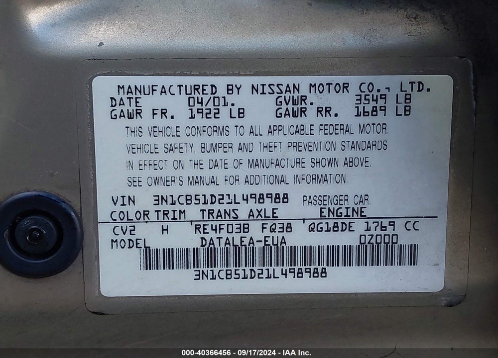 2001 NISSAN SENTRA GXE VIN: 3N1CB51D21L498988