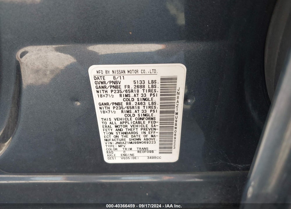 2011 NISSAN MURANO SV VIN: JN8AZ1MU9BW069223