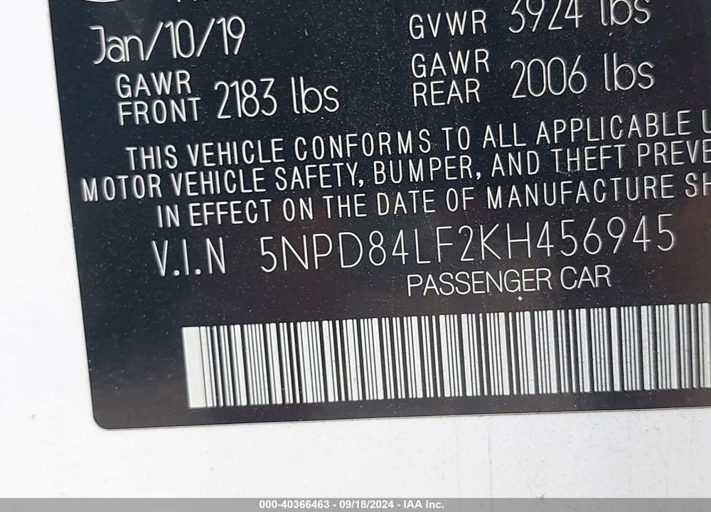 2019 HYUNDAI ELANTRA SEL VIN: 5NPD84LF2KH456945
