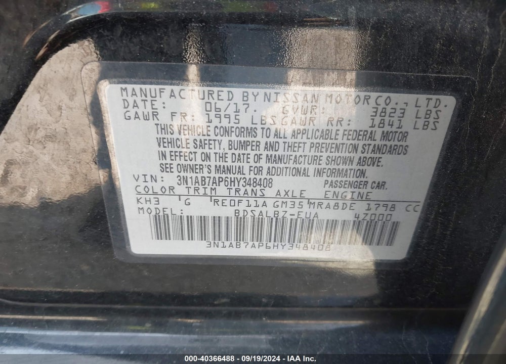 2017 NISSAN SENTRA S VIN: 3N1AB7AP6HY348408