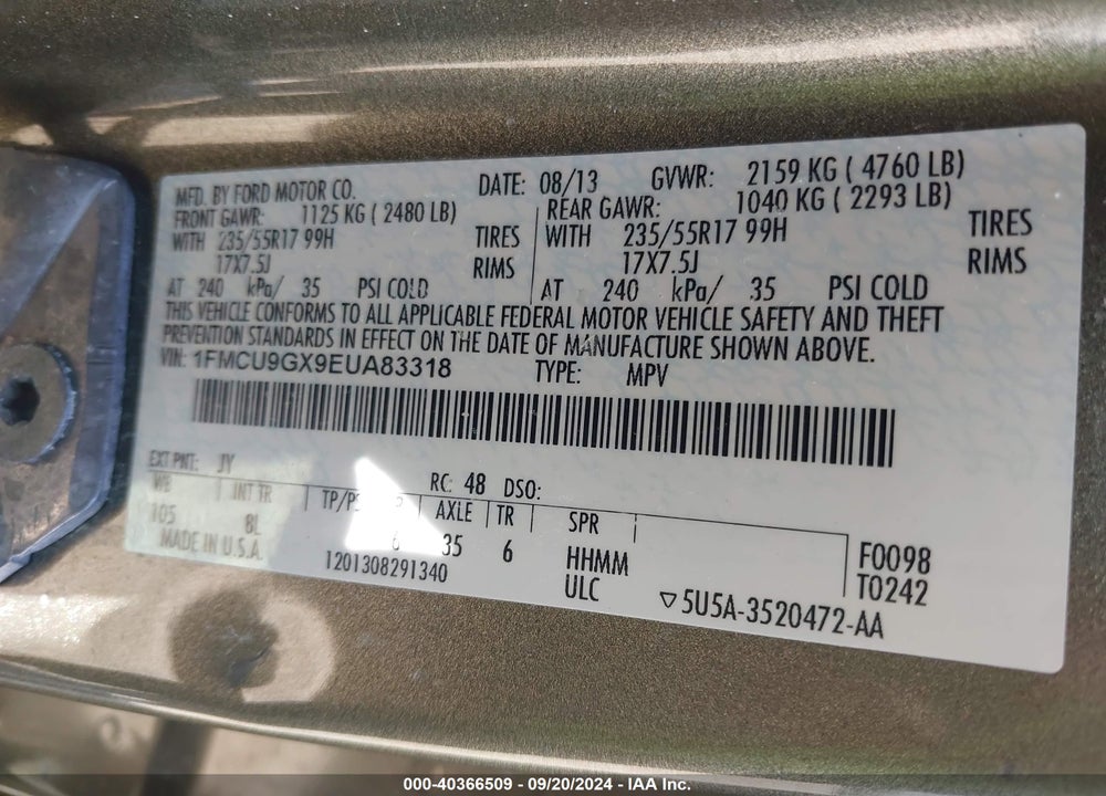 2014 FORD ESCAPE SE VIN: 1FMCU9GX9EUA83318