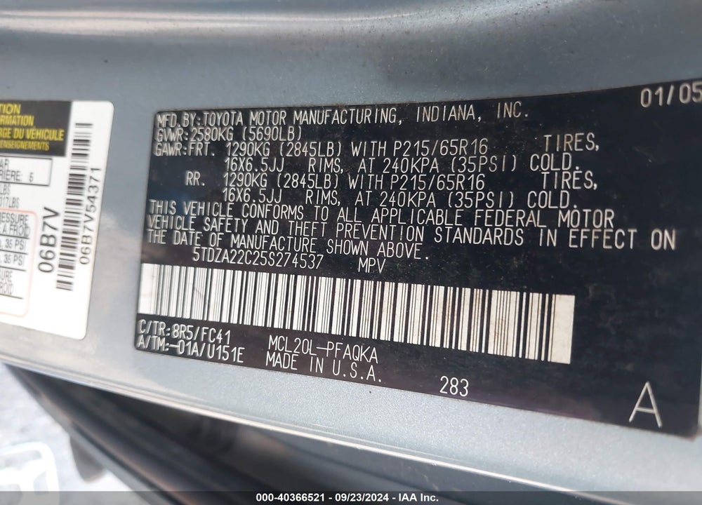 2005 TOYOTA SIENNA XLE VIN: 5TDZA22C25S274537