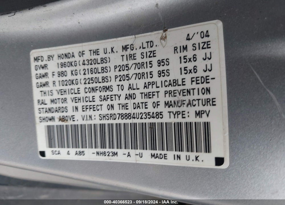 2004 HONDA CR-V EX VIN: SHSRD78884U235485