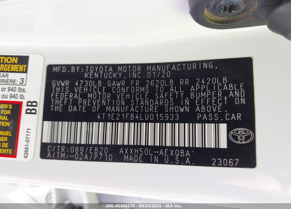 2020 TOYOTA AVALON HYBRID XSE VIN: 4T1E21FB4LU015933