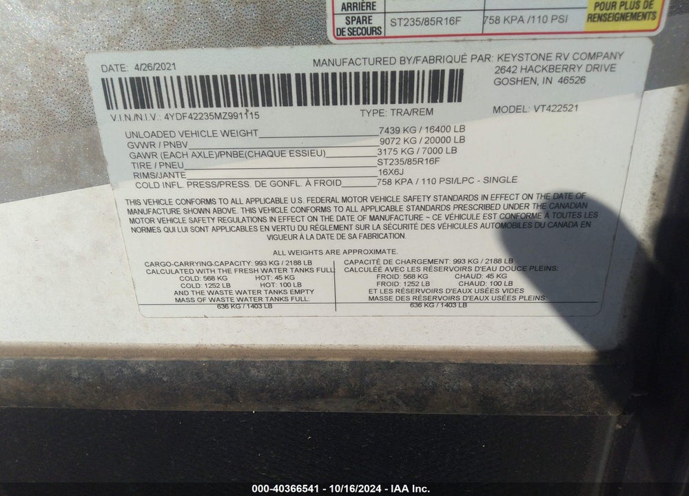 2021 DUTCHMAN VOLTAGE VIN: 4YDF42235MZ991115
