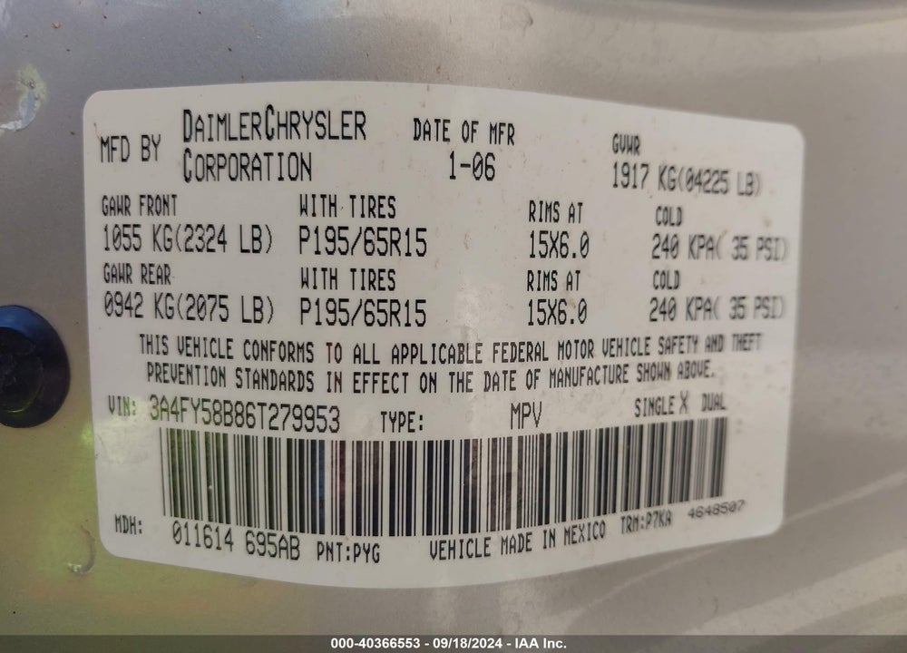 2006 CHRYSLER PT CRUISER TOURING VIN: 3A4FY58B86T279953
