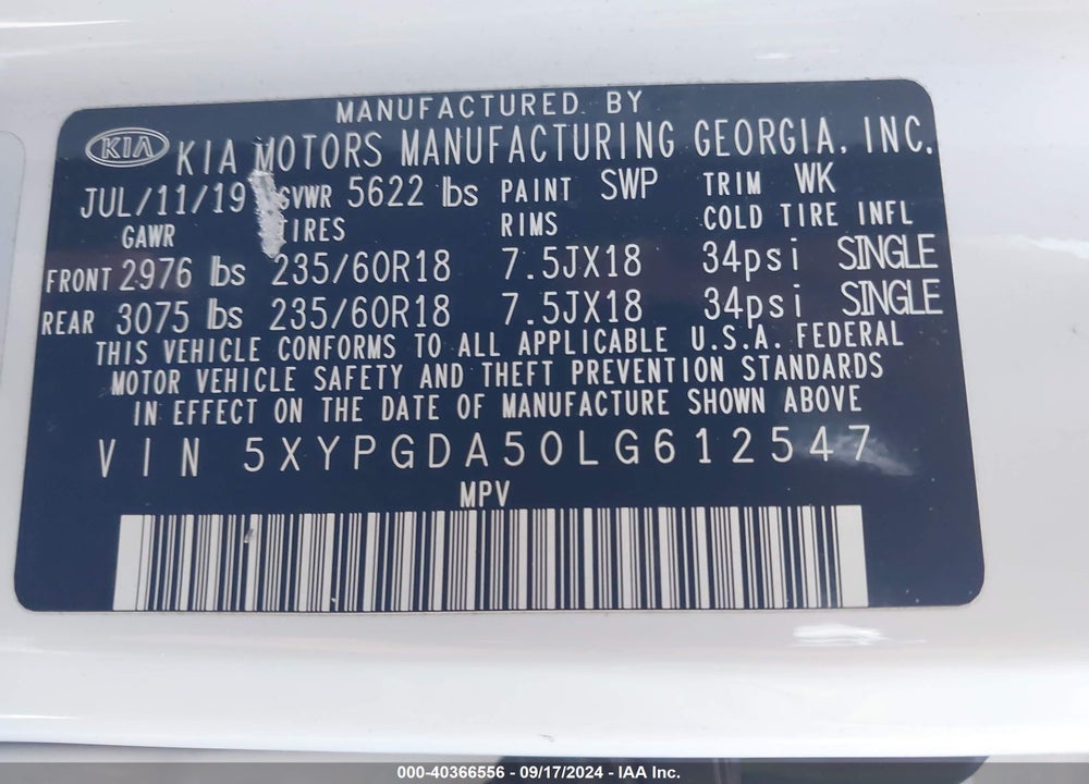 2020 KIA SORENTO 3.3L LX VIN: 5XYPGDA50LG612547
