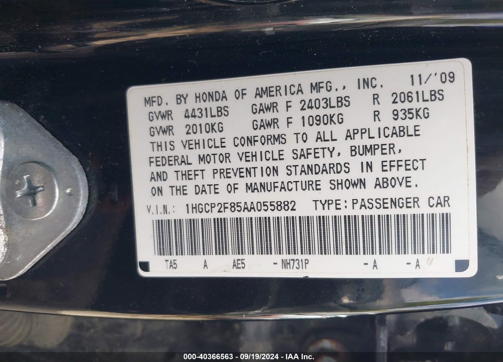 2010 HONDA ACCORD 2.4 EX-L VIN: 1HGCP2F85AA055882